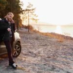 Tourist using GPS in a Stir Rental car in Albania